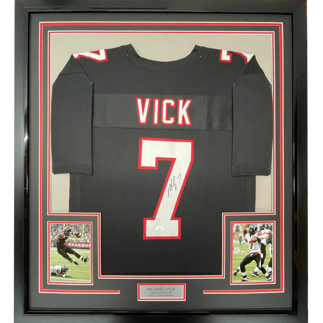 FRAMED Signed MICHAEL MIKE VICK 35x39 Atlanta Retro Jersey JSA COA