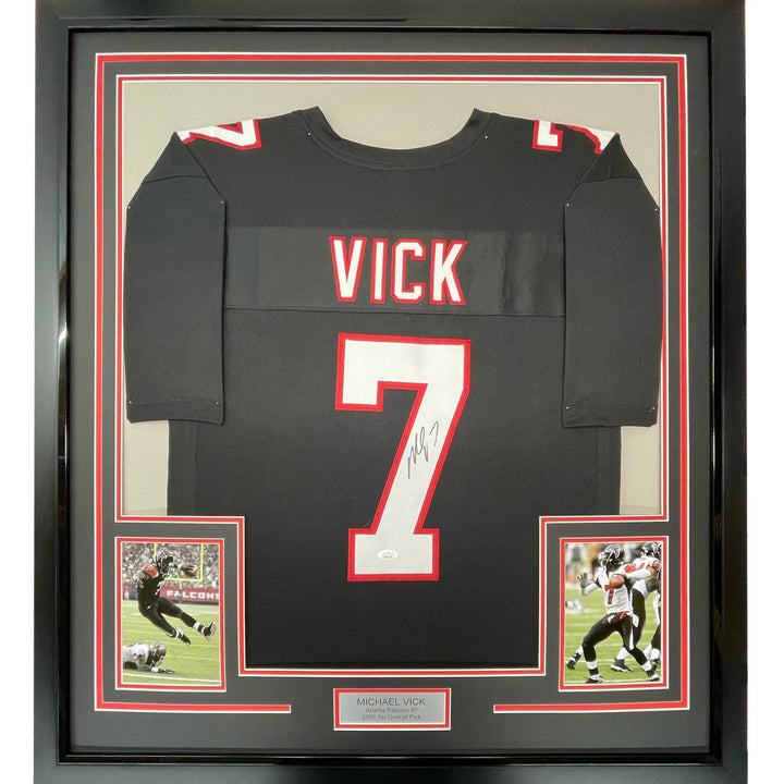 FRAMED Signed MICHAEL MIKE VICK 35x39 Atlanta Retro Jersey JSA COA