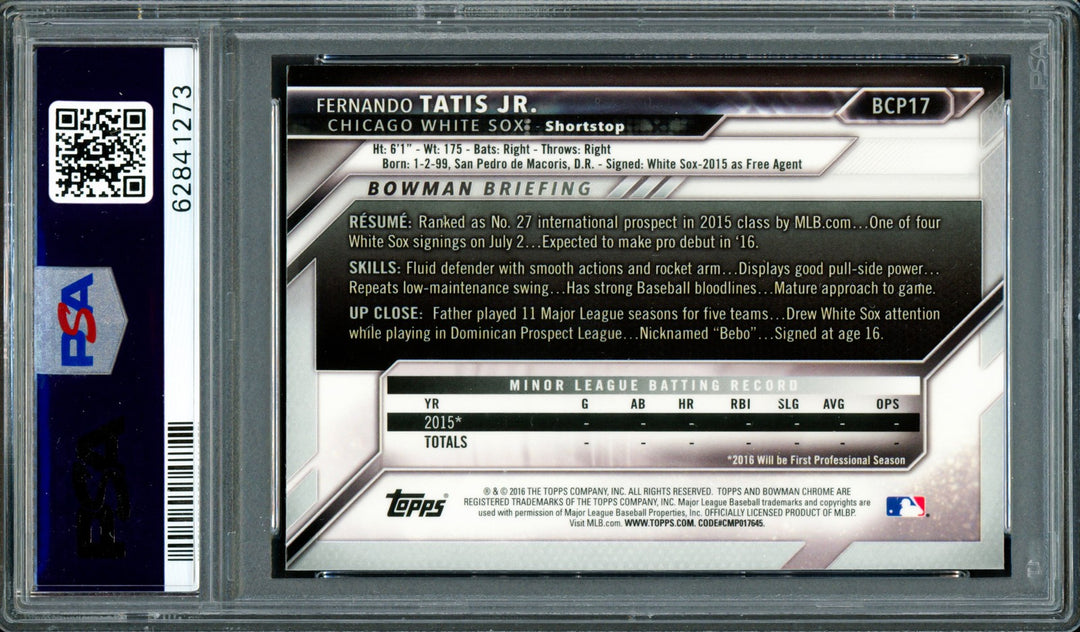 Fernando Tatis Jr. Auto 2016 Bowman Chrome RC BCP17 Padres PSA 9 Sig 9 PSA/DNA
