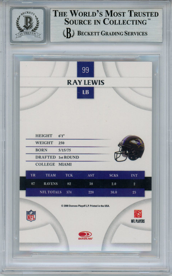 Ray Lewis Signed 2008 Donruss Threads #99 Trading Card Beckett 10 Slab 35252