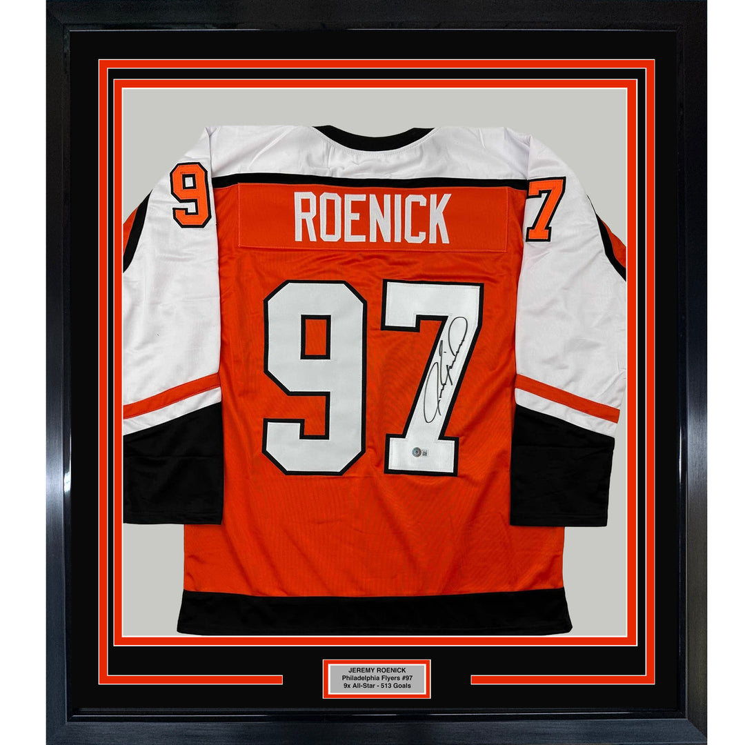 Framed Autographed/Signed Jeremy Roenick 33x42 Orange Jersey BAS COA