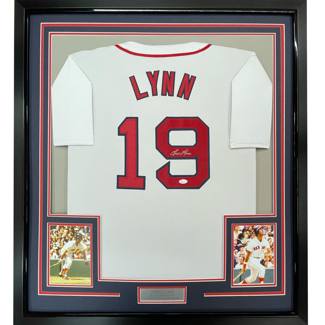 FRAMED Autographed/Signed FRED LYNN 33x42 Boston White Baseball Jersey JSA COA