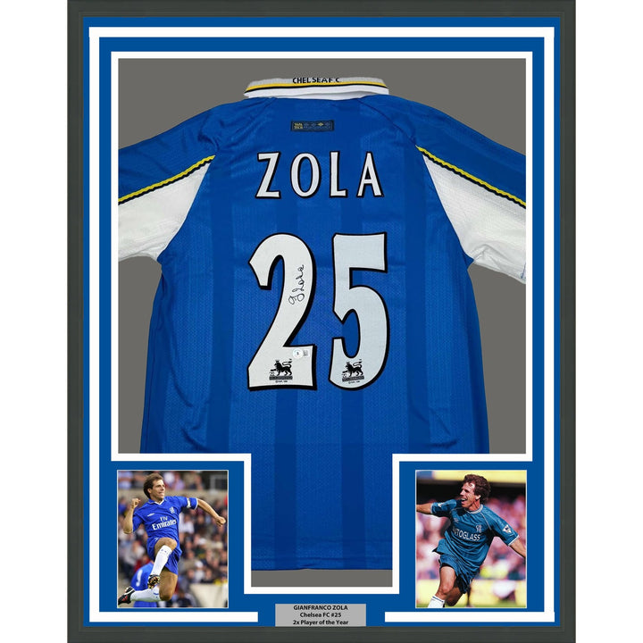 Framed Autographed/Signed Gianfranco Zola 35x39 Chelsea FC Blue Jersey COA