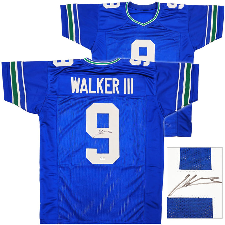 Seattle Seahawks Kenneth Walker III Signed Blue Throwback Jersey Beckett Witness