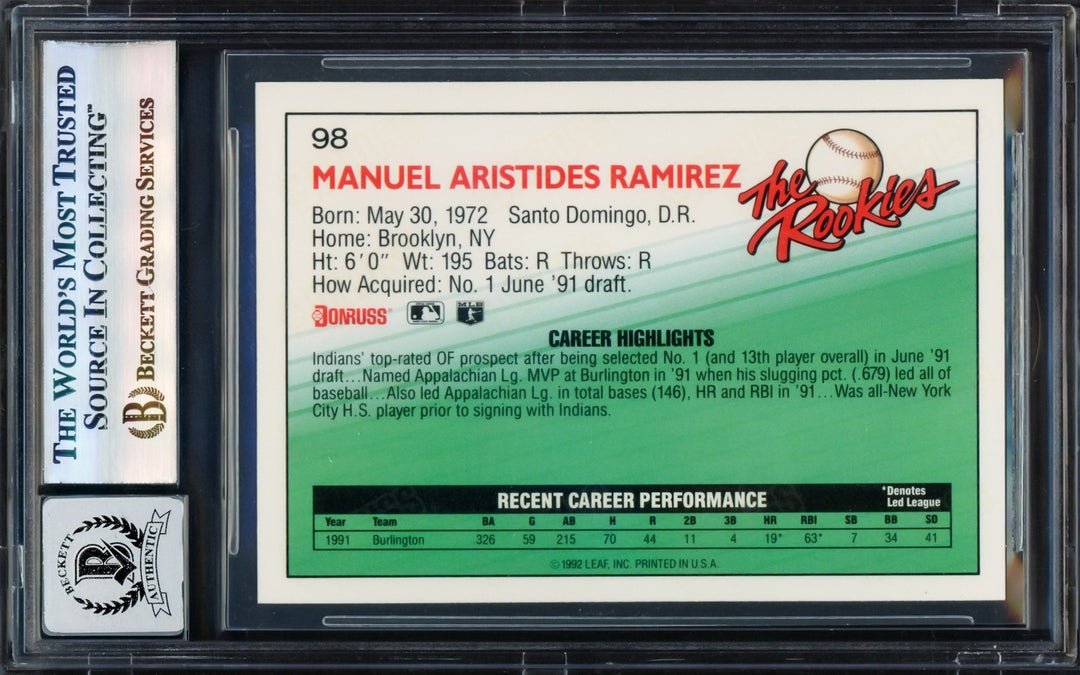 Manny Ramirez Auto 1992 Donruss The Rookies 98 Cleveland Indians Sig 10 Beckett