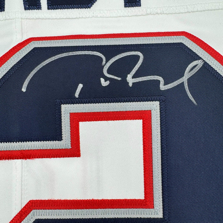 Framed Autographed/Signed Tom Brady 35x39 Patriots Whte Nike Jersey Fanatics COA