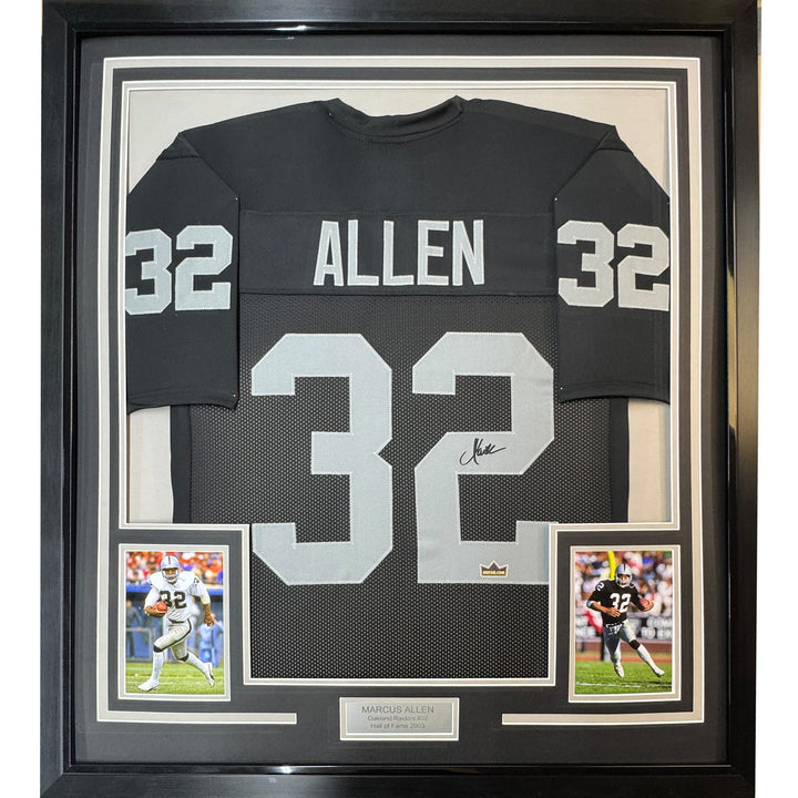 Framed Facsimile Autographed Marcus Allen 33x42 Black Reprint Laser Auto Jersey