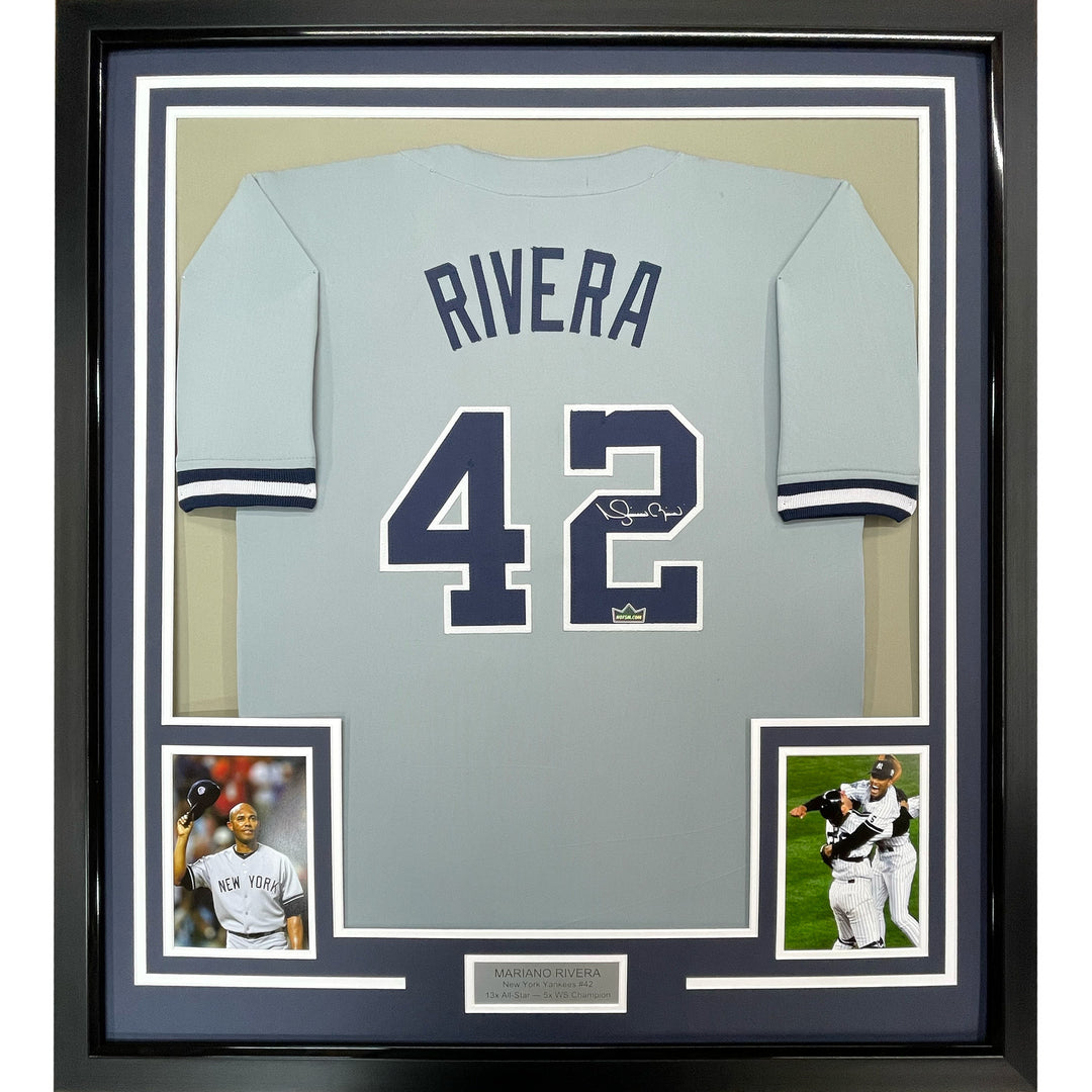 Framed Facsimile Autographed Mariano Rivera 33x42 Grey Reprint Laser Auto Jersey