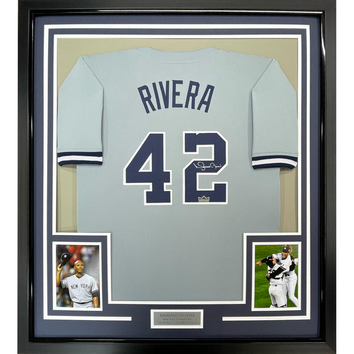 Framed Facsimile Autographed Mariano Rivera 33x42 Grey Reprint Laser Auto Jersey