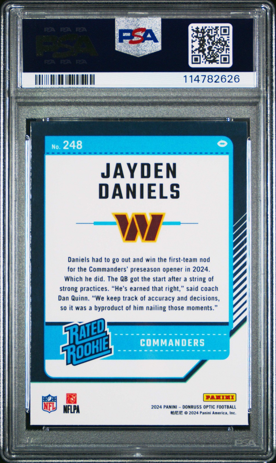 Graded 2024 Panini Donruss Optic Jayden Daniels #248 Rookie Football Card PSA 10