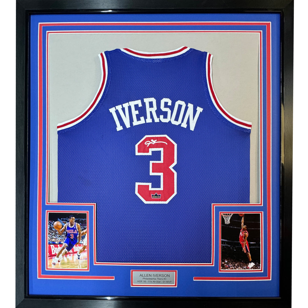 Framed Facsimile Autographed Allen Iverson 33x42 Blue Reprint Laser Auto Jersey
