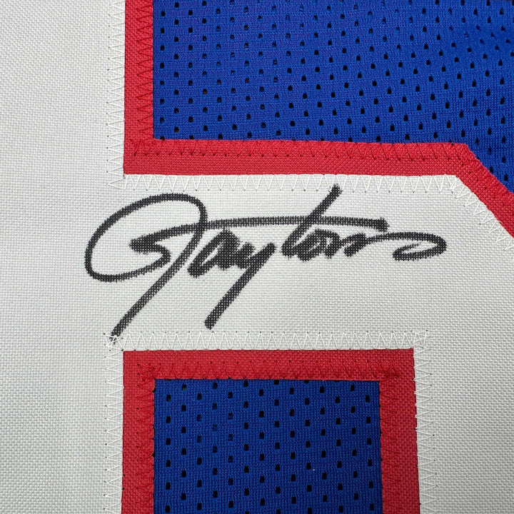 Autographed/Signed Lawrence Taylor New York Blue Stat Jersey Beckett BAS COA