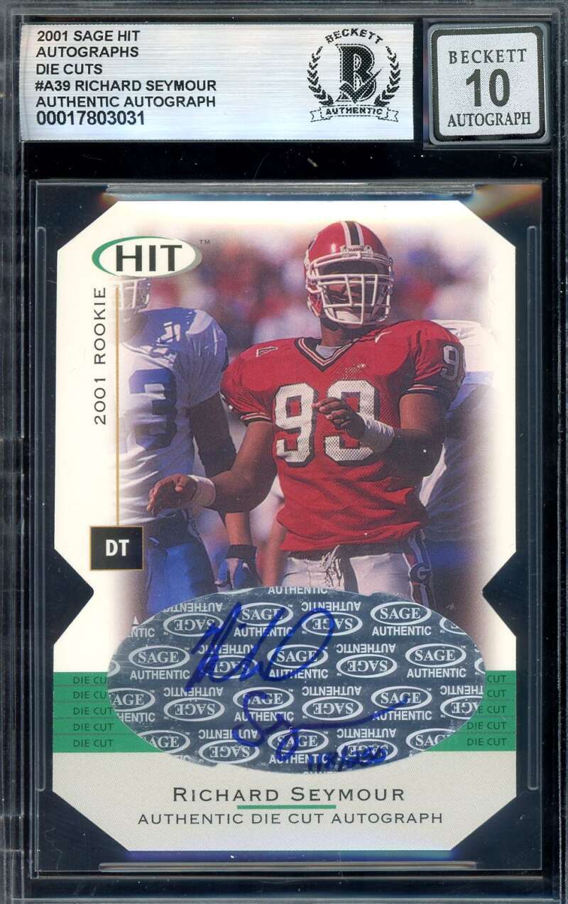 Richard Seymour Gem Mint 10 Beckett BAS Signed 2001 Sage Hits Die Cuts Rookie Au