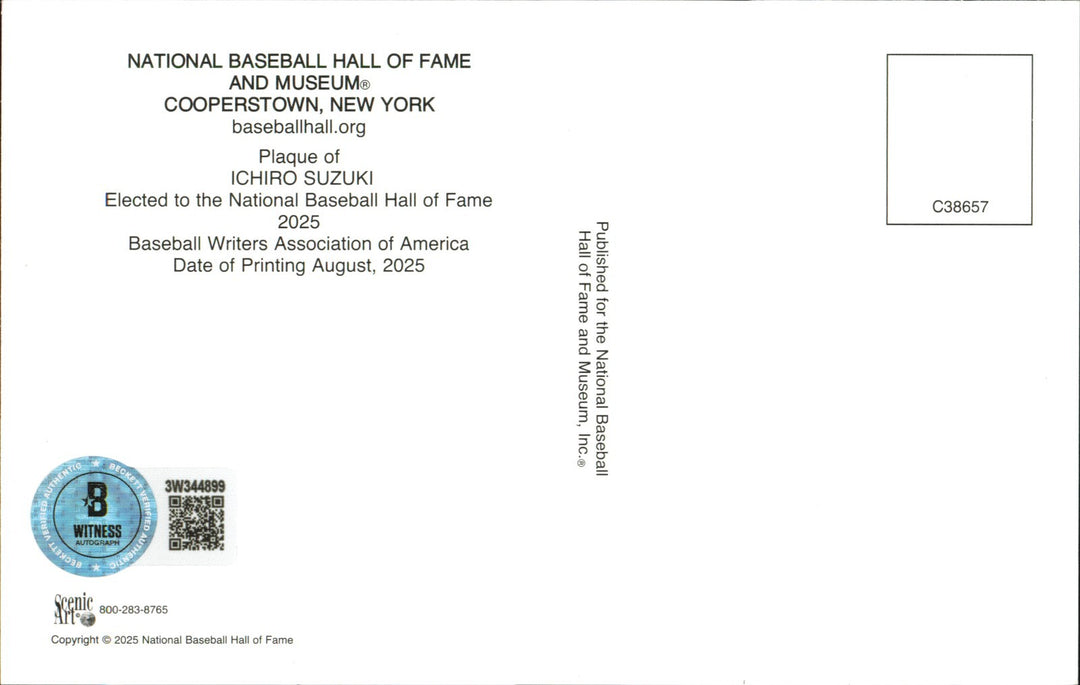 Ichiro Suzuki Auto HOF Plaque Postcard Mariners (Japanese) Beckett Witness