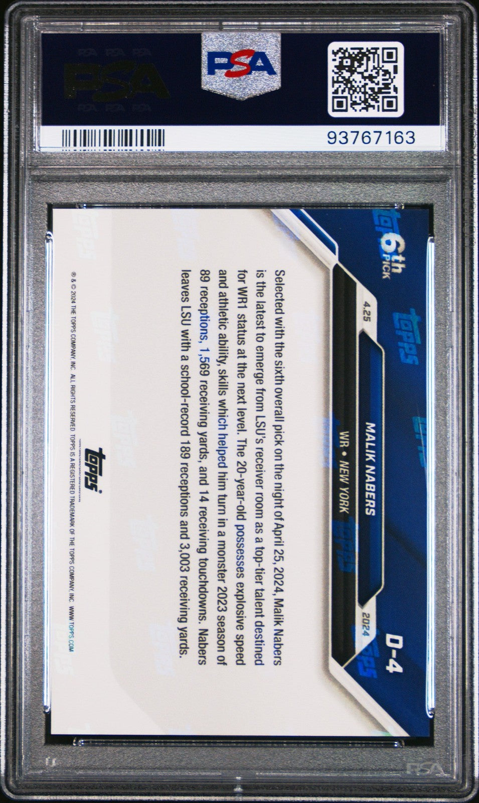 Graded 2024 Topps Now Malik Nabers #D4 Rookie RC Card PSA 10 Gem Mint