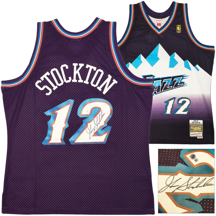 Jazz John Stockton Auto Purple Auth Mitchell Ness 96 Swingman Road Jersey XL BAS