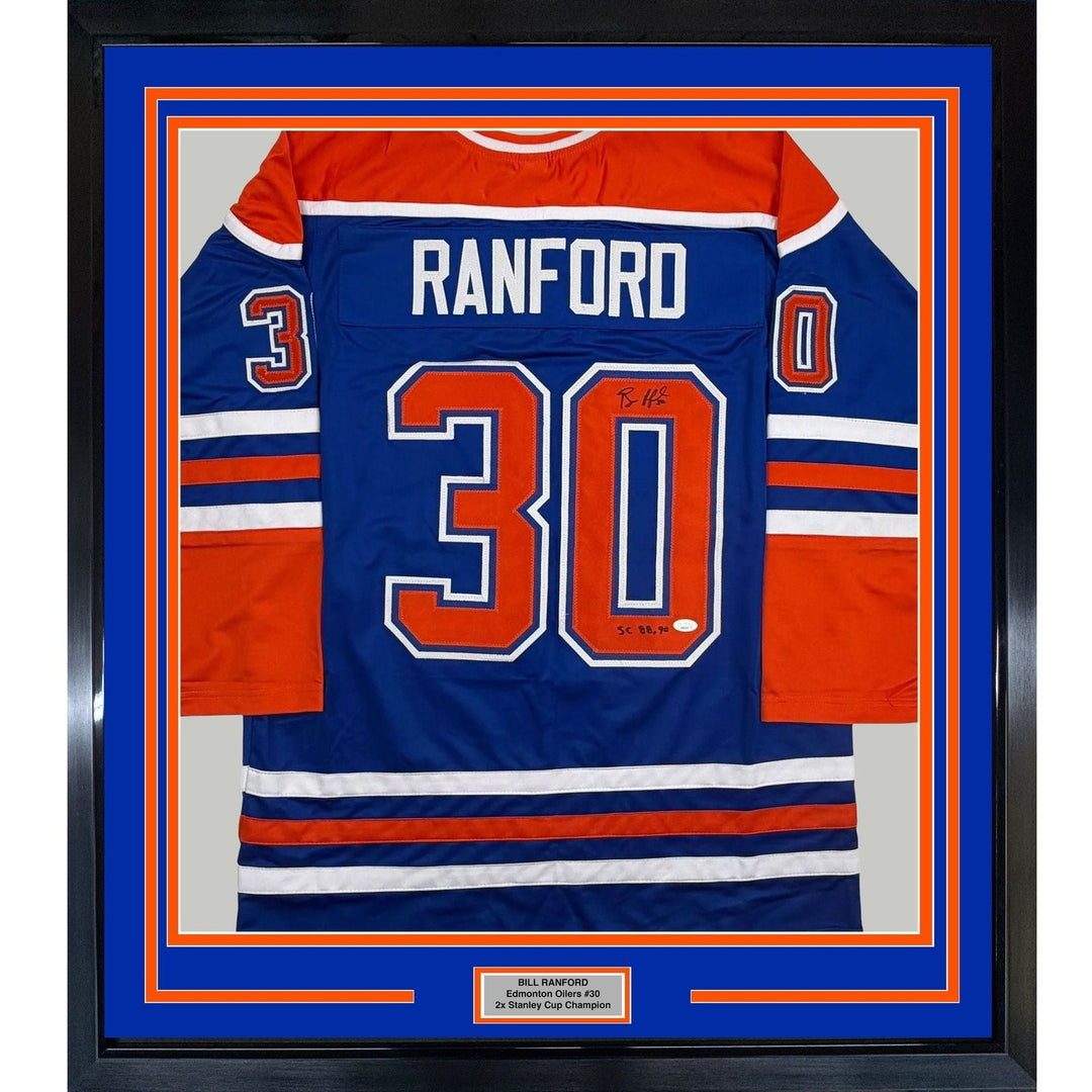 Framed Autographed/Signed Bill Ranford 35x39 Edmonton Blue Jersey JSA COA