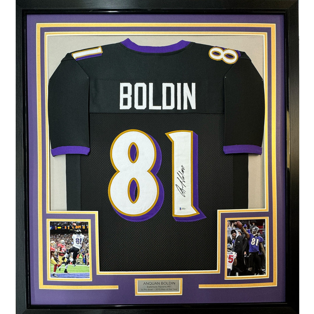 FRAMED Autographed/Signed ANQUAN BOLDIN 33x42 Baltimore Black Jersey Beckett COA