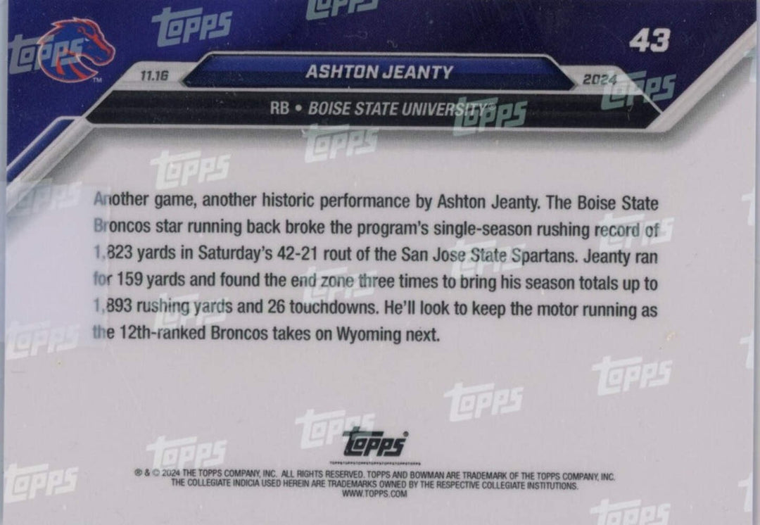 2024 Bowman U Now Ashton Jeanty #43 Purple /25 Boise State Broncos Football Card