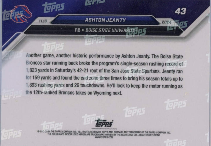 2024 Bowman U Now Ashton Jeanty #43 Purple /25 Boise State Broncos Football Card