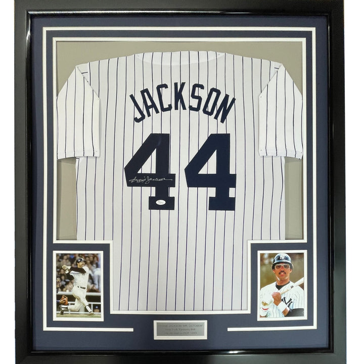 Framed Signed Reggie Jackson 35x39 New York Pinstripe Jersey JSA COA
