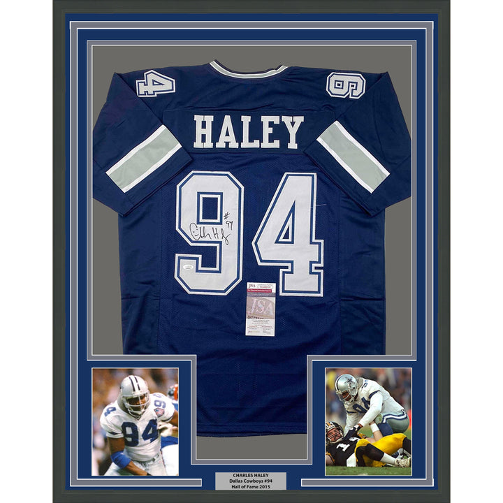 Framed Autographed/Signed Charles Haley 33x42 Dallas Blue Jersey JSA COA