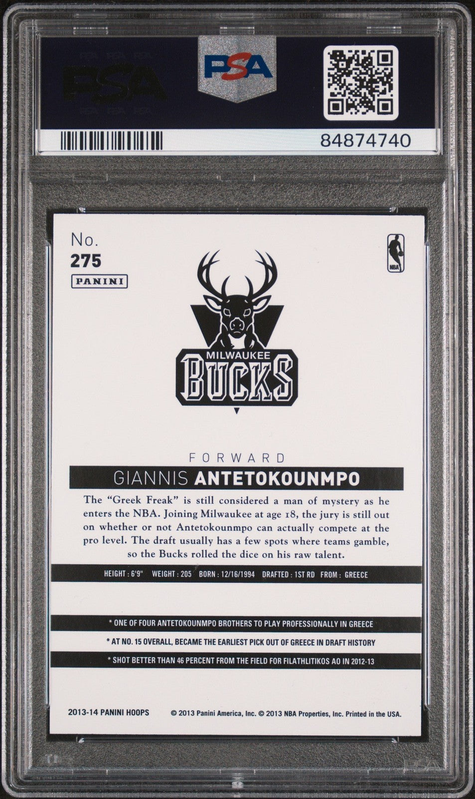 Graded 2013 Panini Hoops Giannis Antetokounmpo #275 RC Card PSA 10