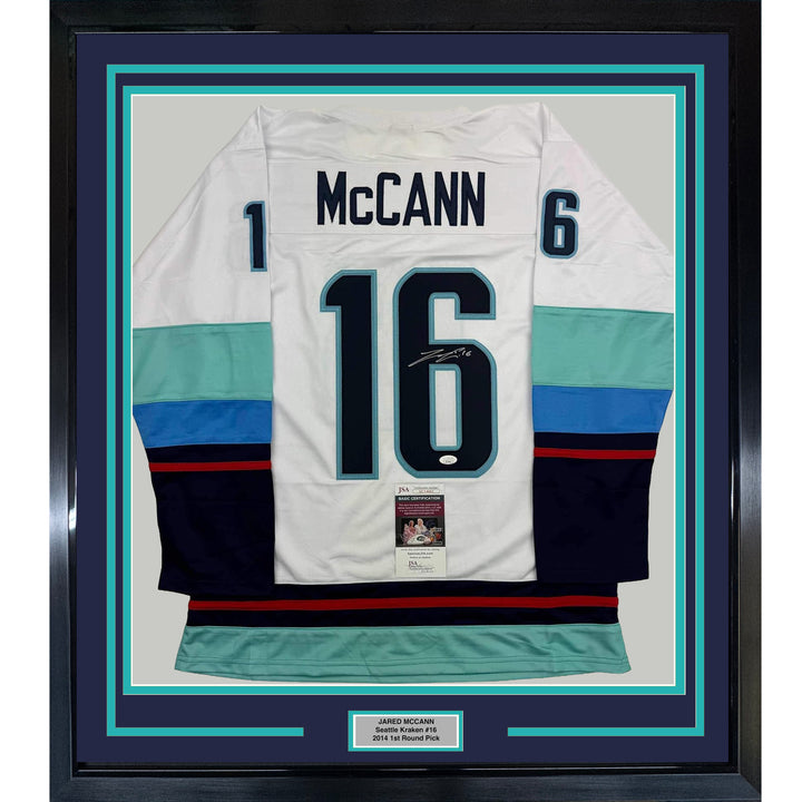 Framed Autographed/Signed Jared McCann 35x39 Seattle White Hockey Jersey JSA COA