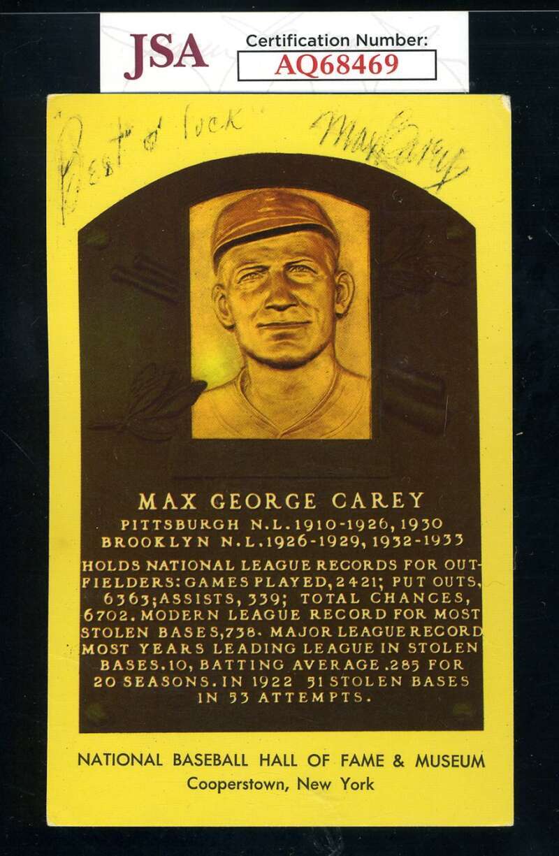 Max Carey JSA Coa Signed Gold Hall Of Fame Plaque Autograph