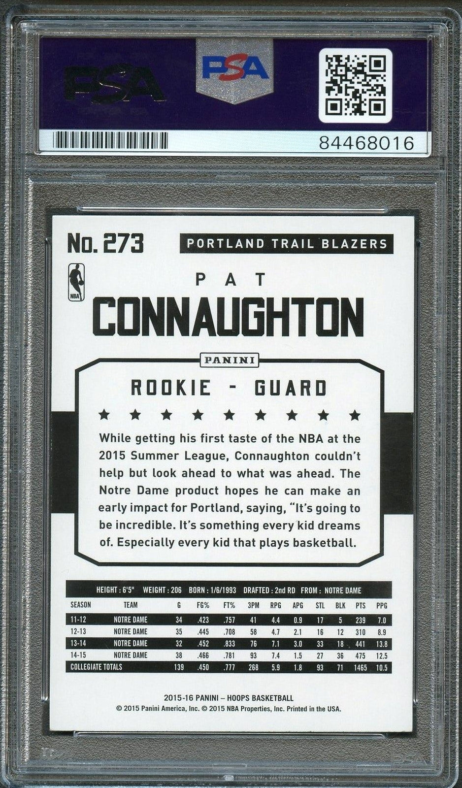 2015-16 NBA Hoops #273 Pat Connaughton Signed Rookie Card AUTO PSA Slabbed RC Bl