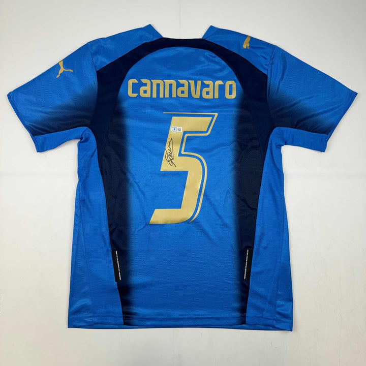 Autographed/Signed Fabio Cannavaro Italy Blue Futbol Jersey Beckett BAS COA