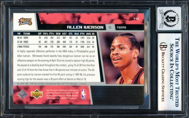 Allen Iverson Auto 1998-99 Upper Deck Card 114 76ers Sig 10 Beckett Wit 17004300