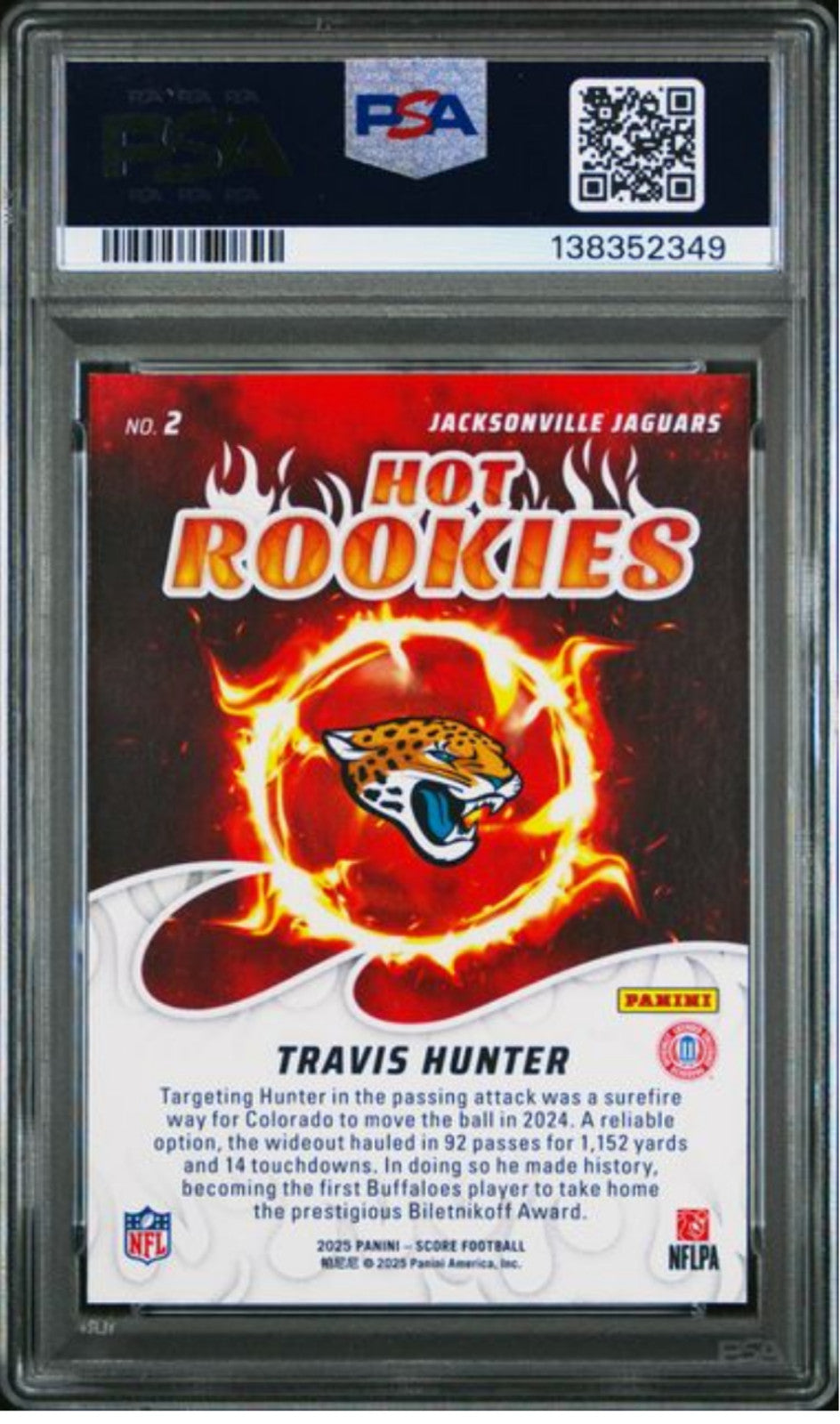 Graded 2025 Panini Score Travis Hunter #2 Hot Rookies Rookie RC Card PSA 10 Mint