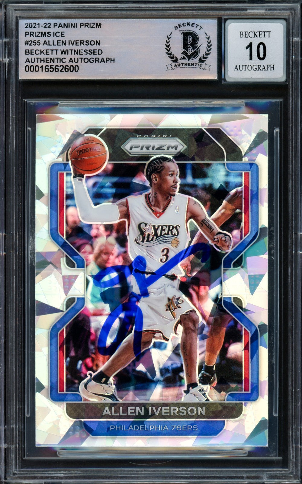 Allen Iverson Auto 2021-22 Panini Prizm Ice Card 255 76ers Sig 10 Beckett Wit
