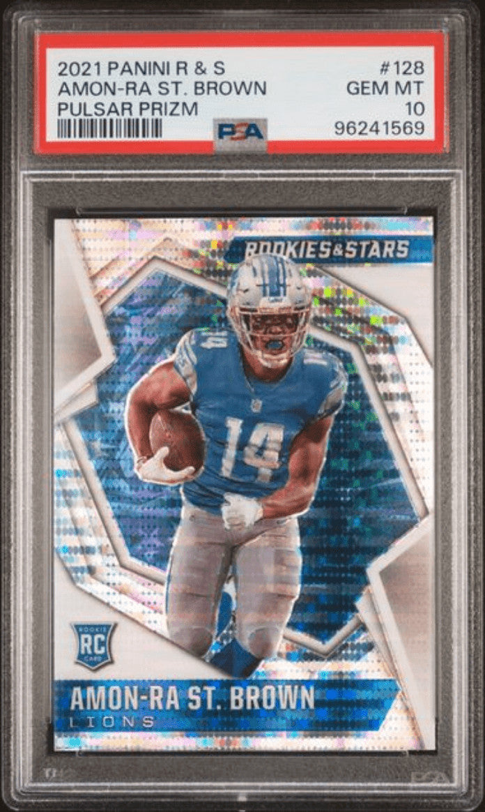 Graded 2021 Panini R&S Amon-Ra St. Brown #128 Pulsar Rookie Card PSA 10