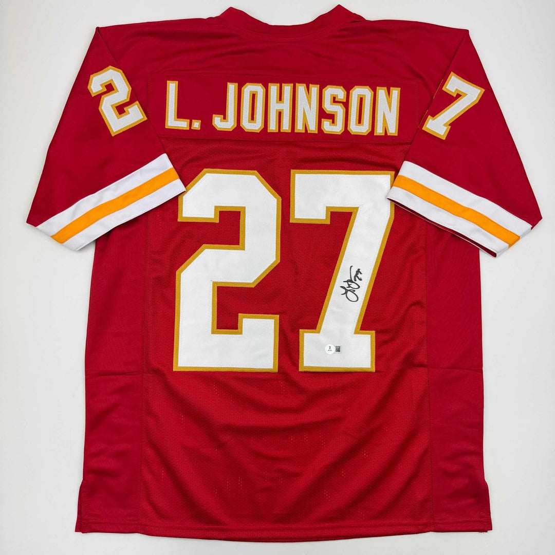 Autographed/Signed Larry Johnson Kansas City Red Jersey Beckett BAS COA