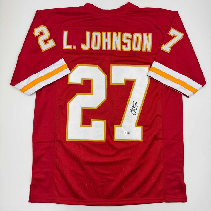 Autographed/Signed Larry Johnson Kansas City Red Jersey Beckett BAS COA