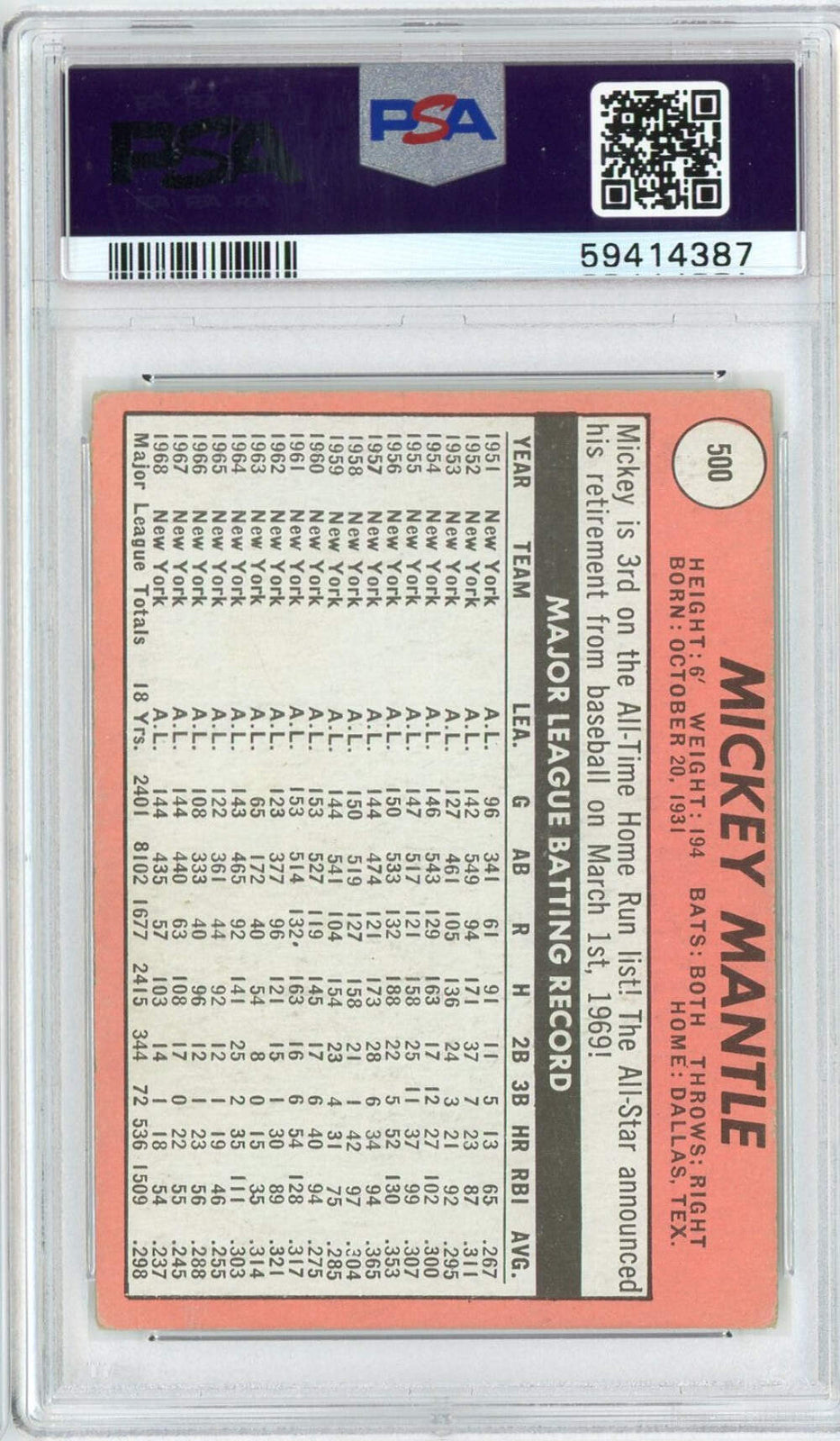 Graded 1969 Topps Mickey Mantle #500 Last Name in Yellow Baseball Card PSA 3