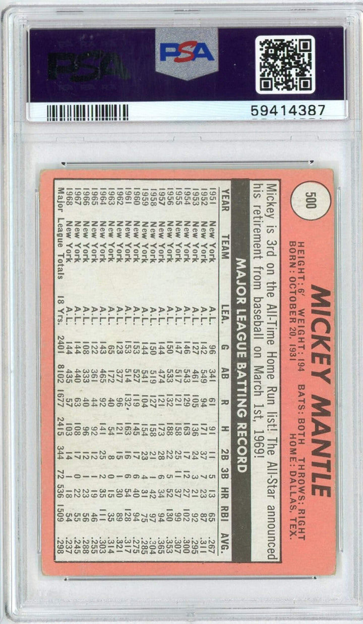 Graded 1969 Topps Mickey Mantle #500 Last Name in Yellow Baseball Card PSA 3