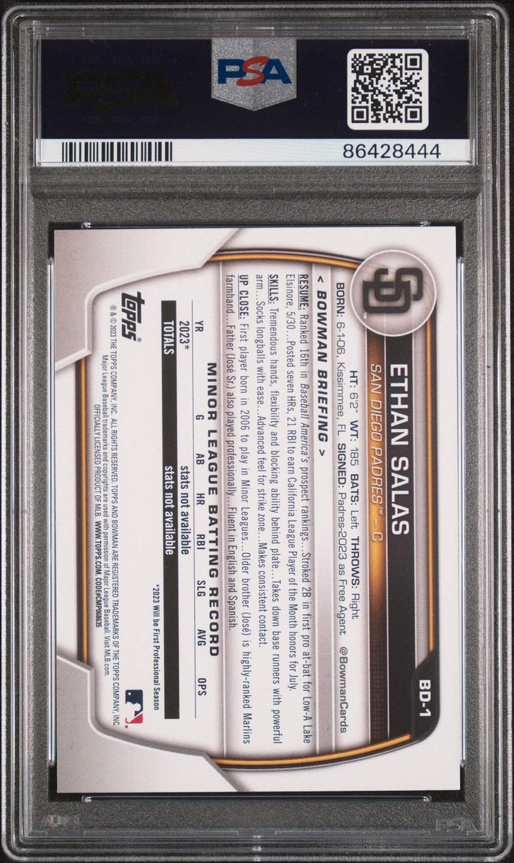 Graded 2023 Topps Bowman Draft Ethan Salas #BD1 Rookie RC Baseball Card PSA 10