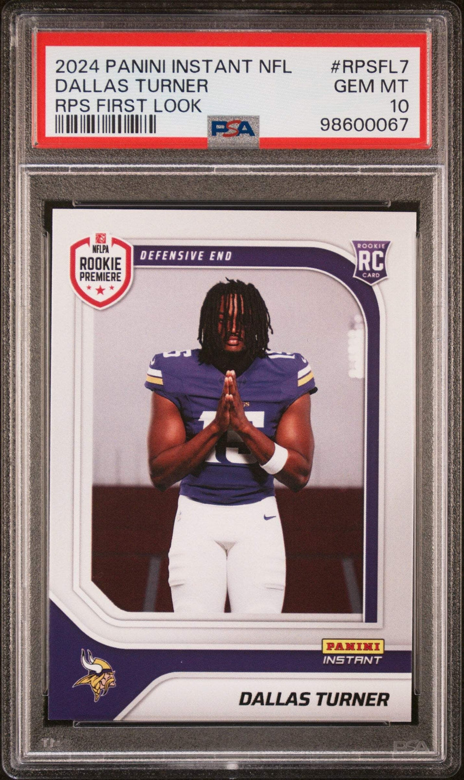 Graded 2024 Panini Instant NFL Dallas Turner #RPSFL7 RC Football Card PSA 10