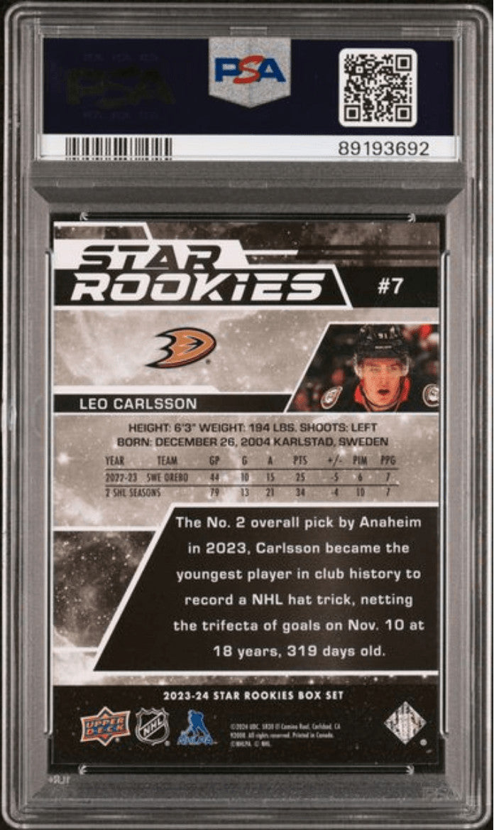 Graded 2023 UD Star Rookies Leo Carlsson #7 Box Set RC Hockey Card PSA 10