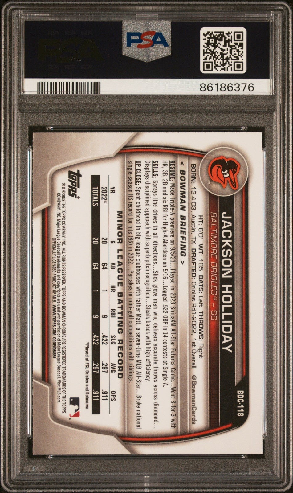 Graded 2023 Bowman Draft Jackson Holliday #BDC118 Chrome RC Card PSA 10