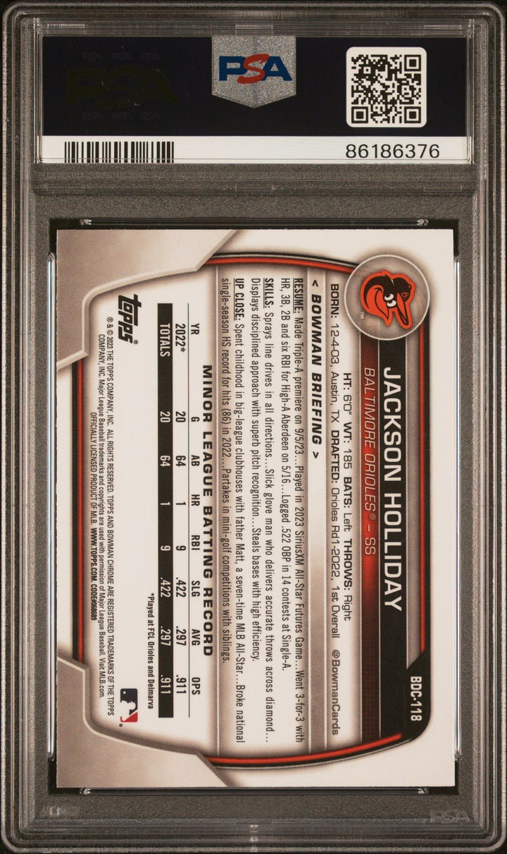 Graded 2023 Bowman Draft Jackson Holliday #BDC118 Chrome RC Card PSA 10