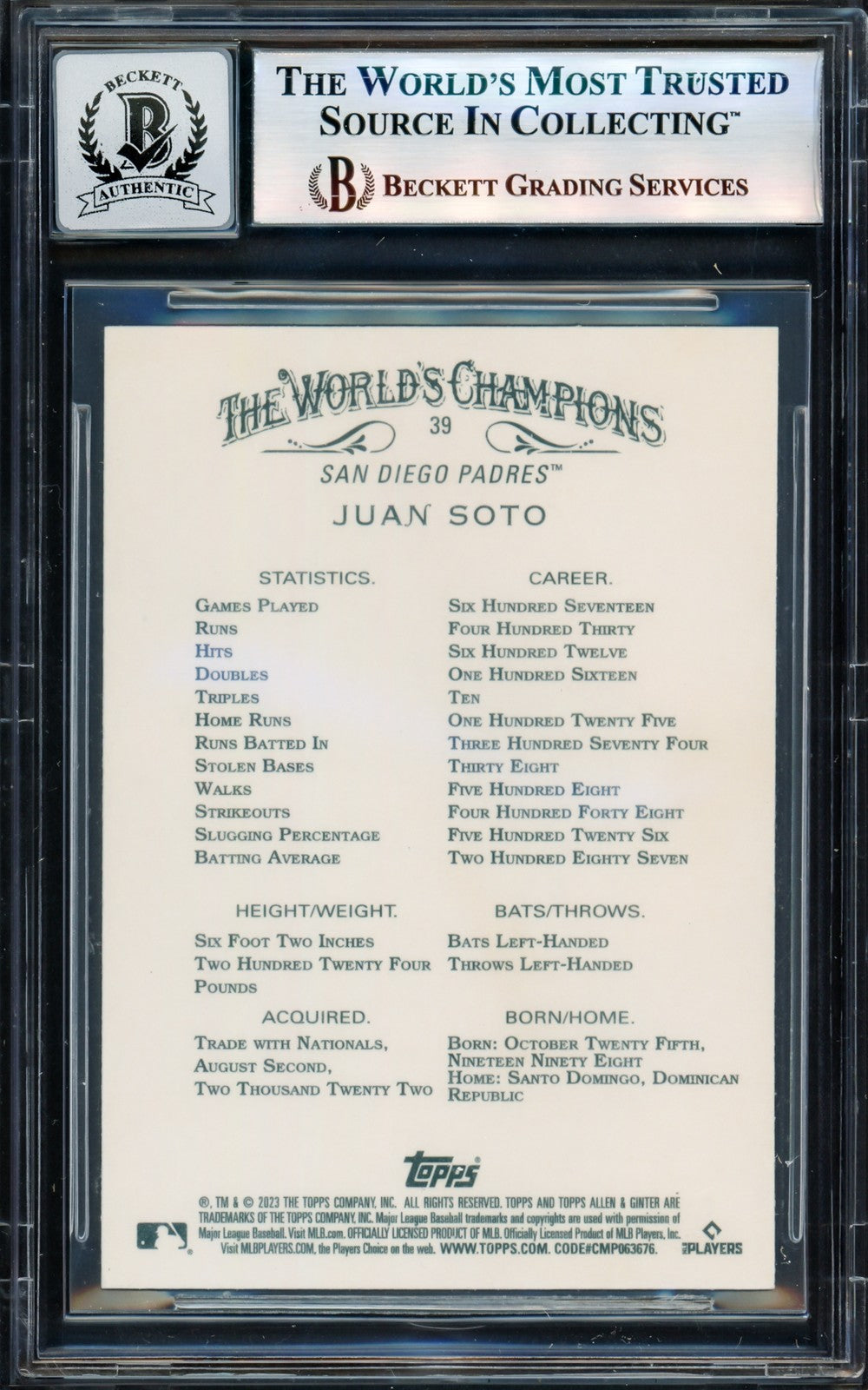 Juan Soto Auto 2023 Topps Allen & Ginter Card 39 Padres Sig 10 Beckett #17605268