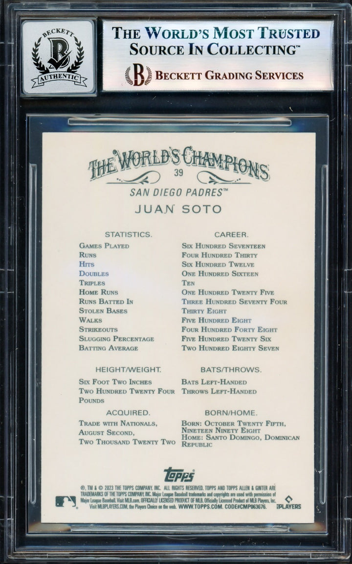 Juan Soto Auto 2023 Topps Allen & Ginter Card 39 Padres Sig 10 Beckett #17605268