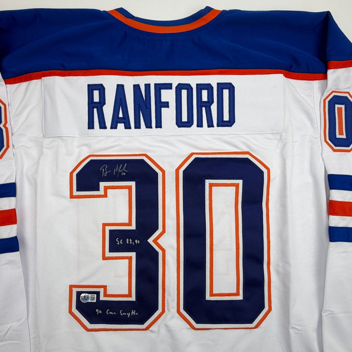 Autographed/Signed Bill Ranford Edmonton White Hockey Jersey Beckett COA