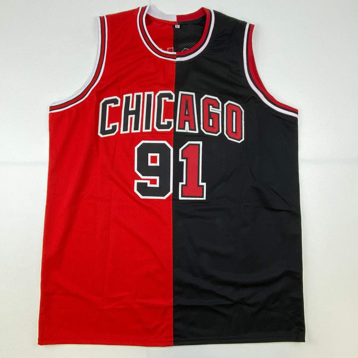 Autographed/Signed Dennis Rodman Chicago Split Red/Black Jersey Beckett BAS COA