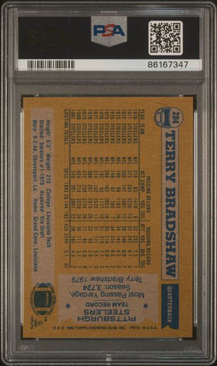 Graded 1982 Topps Terry Bradshaw #204 Football Card PSA 9 Mint