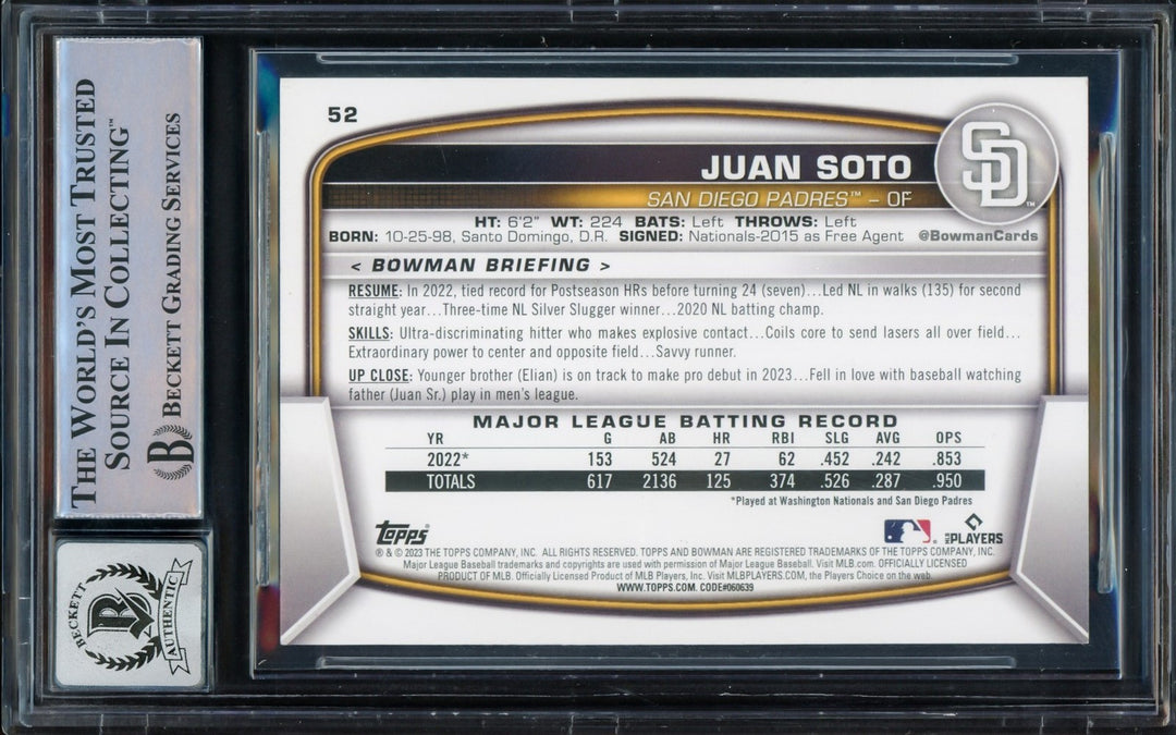 Juan Soto Signed 2023 Bowman Card 52 New York Mets Auto GM 10 Beckett